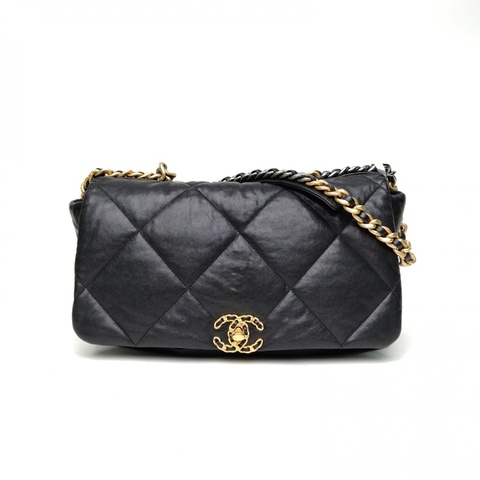 CHANEL 19BAG口蓋包Maxi黑色羊皮29開金銀扣