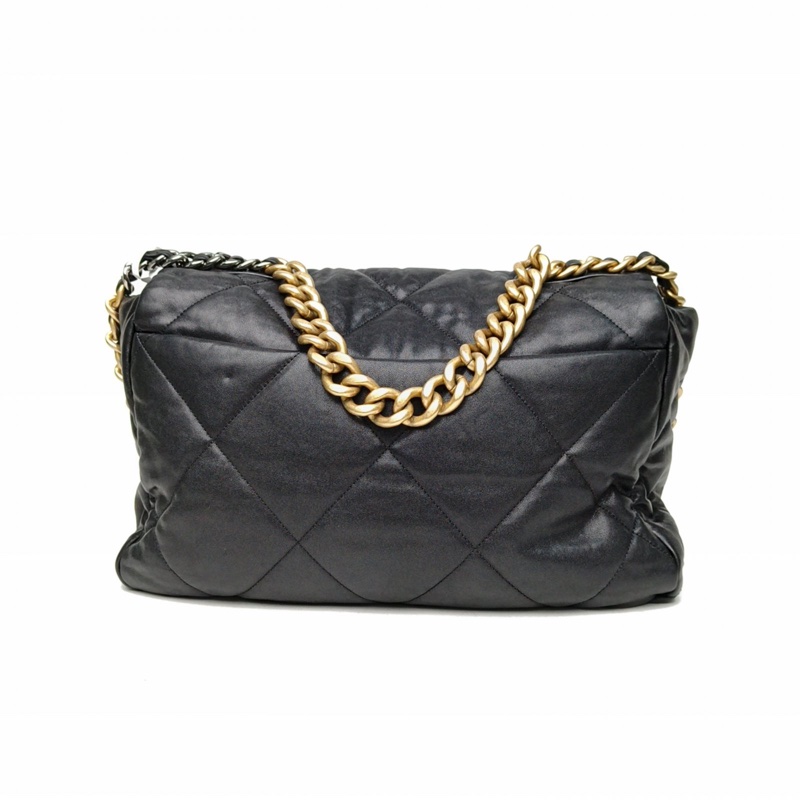 CHANEL 19BAG口蓋包Maxi黑色羊皮29開金銀扣-2