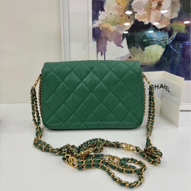 Chanel CF大mini系列23C綠色金扣荔枝皮鏈條包 雙C扣logo鏈條單肩斜挎包 晶片款 有購證-1