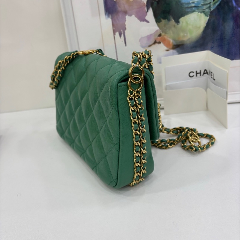 Chanel CF大mini系列23C綠色金扣荔枝皮鏈條包 雙C扣logo鏈條單肩斜挎包 晶片款 有購證-2