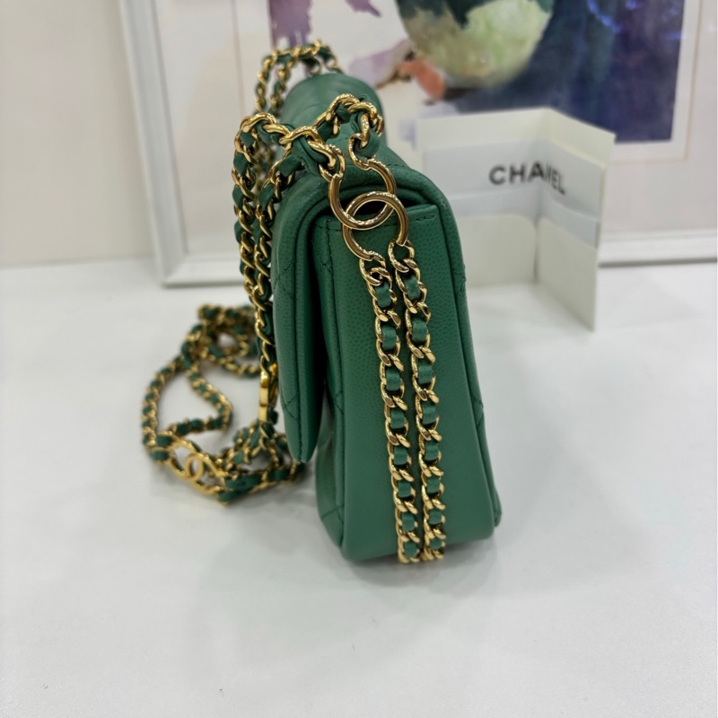 Chanel CF大mini系列23C綠色金扣荔枝皮鏈條包 雙C扣logo鏈條單肩斜挎包 晶片款 有購證-3
