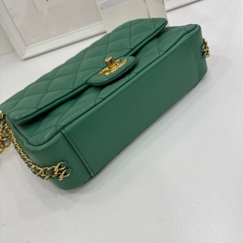 Chanel CF大mini系列23C綠色金扣荔枝皮鏈條包 雙C扣logo鏈條單肩斜挎包 晶片款 有購證-4