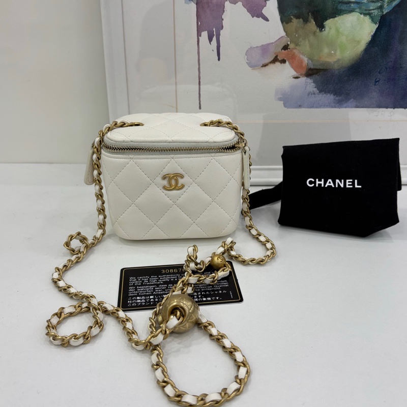 Chanel香奈兒白色羊皮金球mini盒子包斜挎包 30開-0