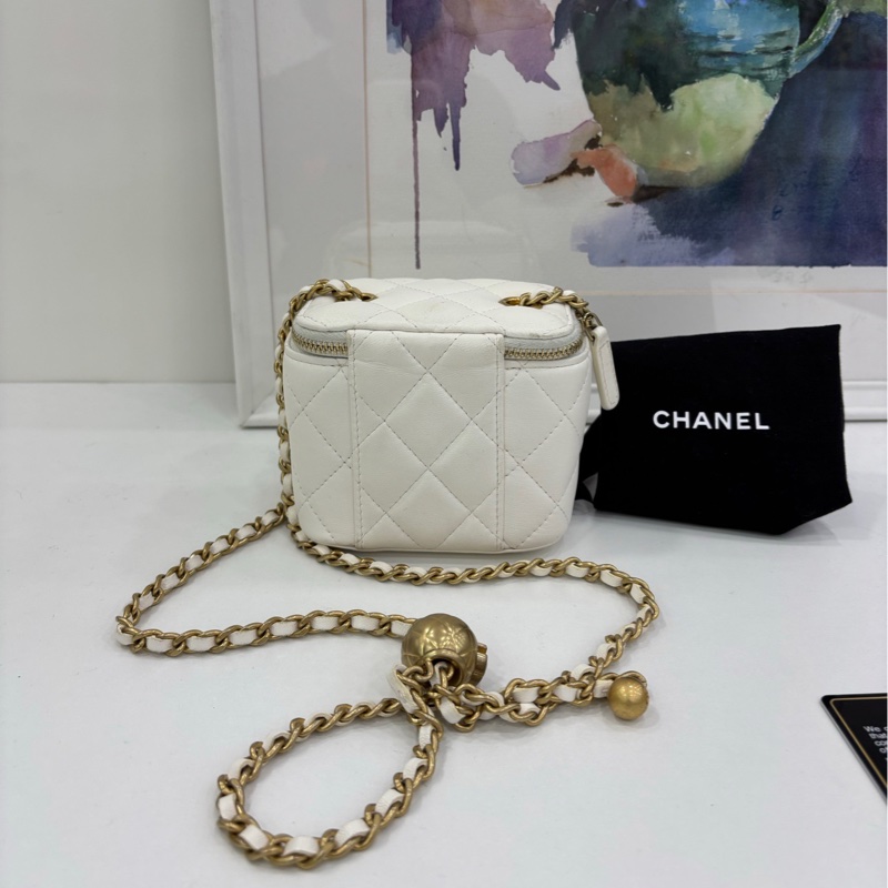 Chanel香奈兒白色羊皮金球mini盒子包斜挎包 30開-1