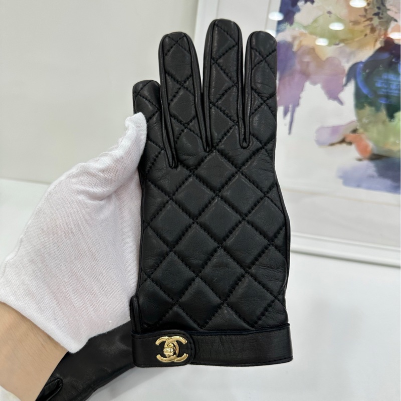 CHANEL香奈儿黑银菱格羊皮手套-4