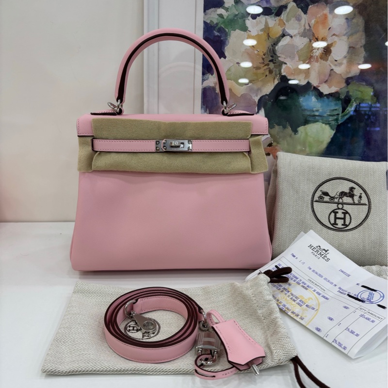 Hermes 愛馬仕 kelly25 3Q櫻花粉 銀扣 S皮 G刻 全新新鮮票 有購證-1