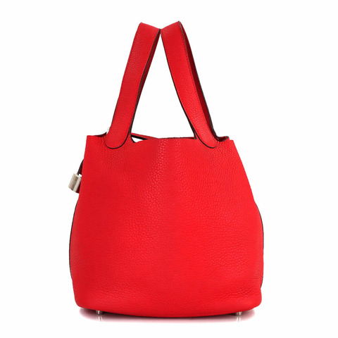 愛馬仕 Picotin Lock 22 毫米手提包，Taurillon Clemence 皮革，番茄紅，X 印記，銀色五金。