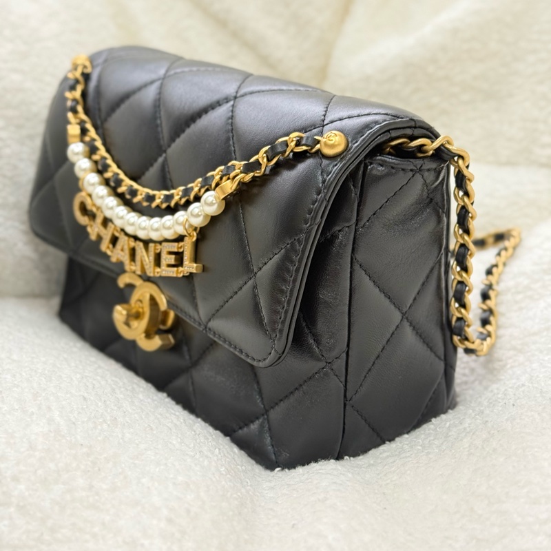 （日本購證🇯🇵全配）Chanel 24A 珍珠水鑽鏈條黑金方胖子 ✨最新晶片款-3