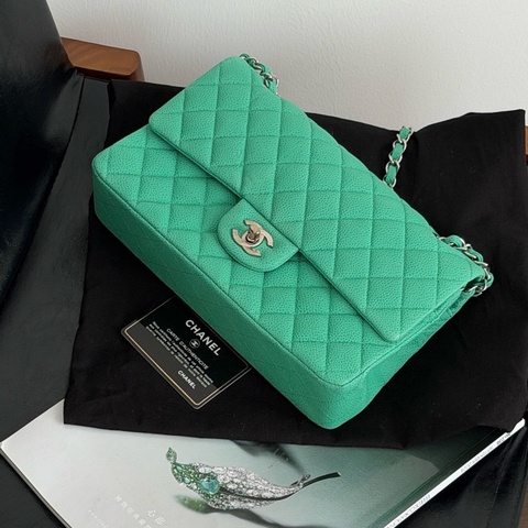 Chanel • Cf 25 經典荔枝牛皮薄荷綠銀釦中號口蓋包 絕版色