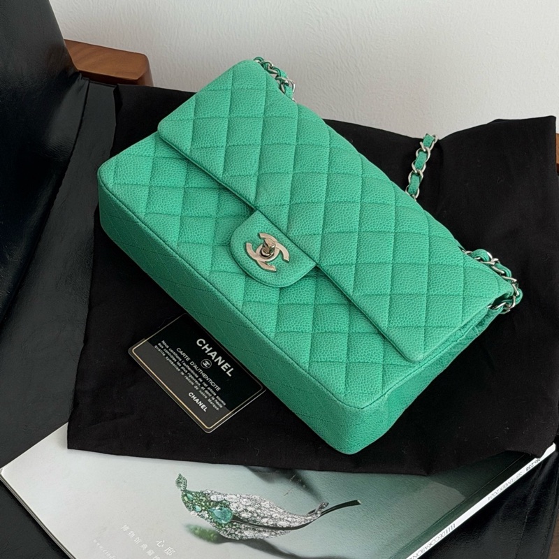 Chanel • Cf 25 經典荔枝牛皮薄荷綠銀釦中號口蓋包 絕版色-0