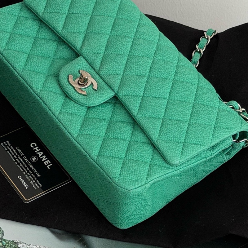 Chanel • Cf 25 經典荔枝牛皮薄荷綠銀釦中號口蓋包 絕版色-1