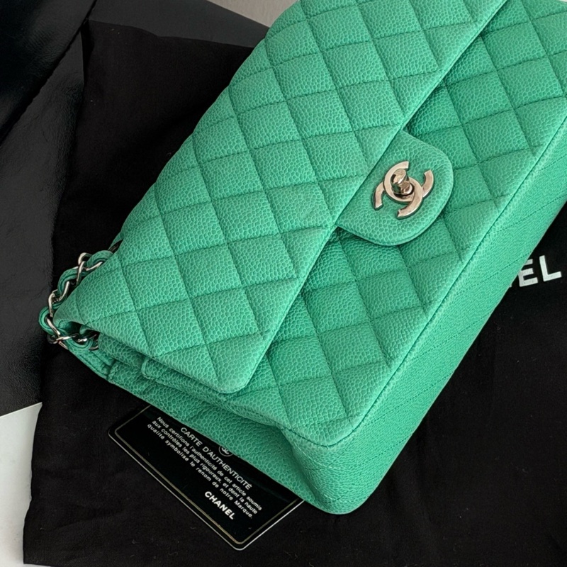 Chanel • Cf 25 經典荔枝牛皮薄荷綠銀釦中號口蓋包 絕版色-2