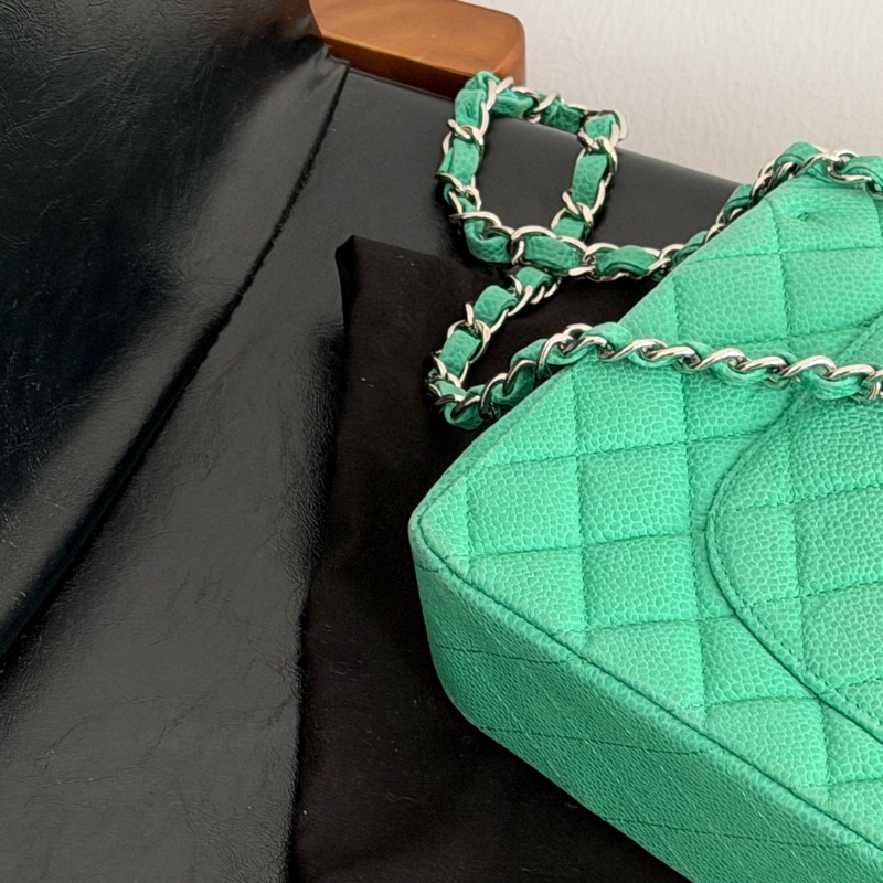 Chanel • Cf 25 經典荔枝牛皮薄荷綠銀釦中號口蓋包 絕版色-4