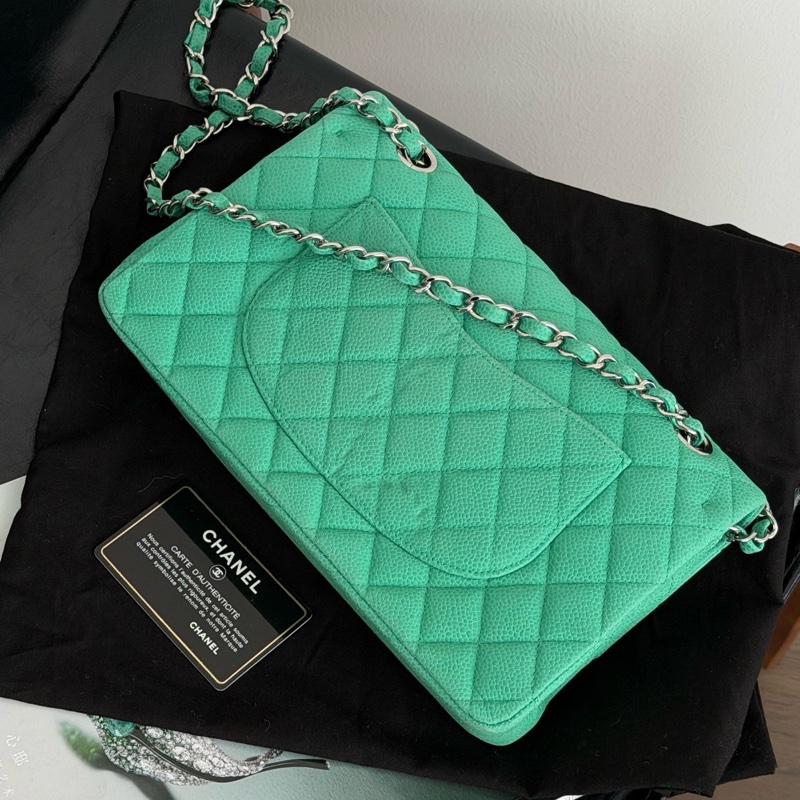 Chanel • Cf 25 經典荔枝牛皮薄荷綠銀釦中號口蓋包 絕版色-5
