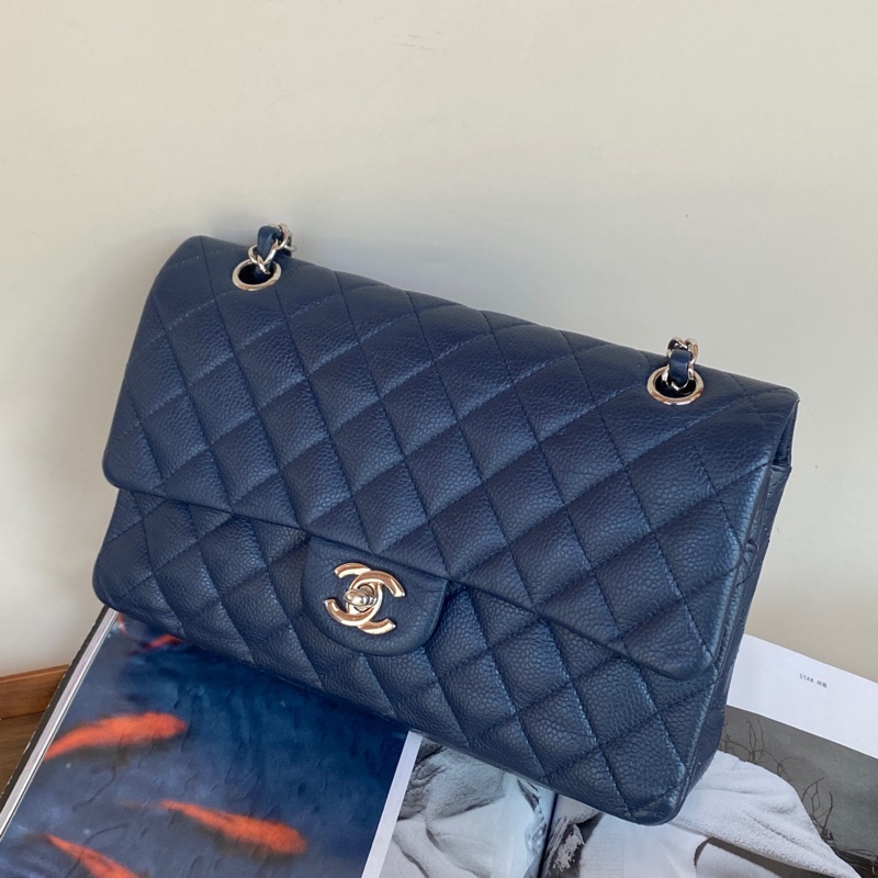 Chanel • Cf 25 經典荔枝牛皮深海藍銀釦口蓋包-1