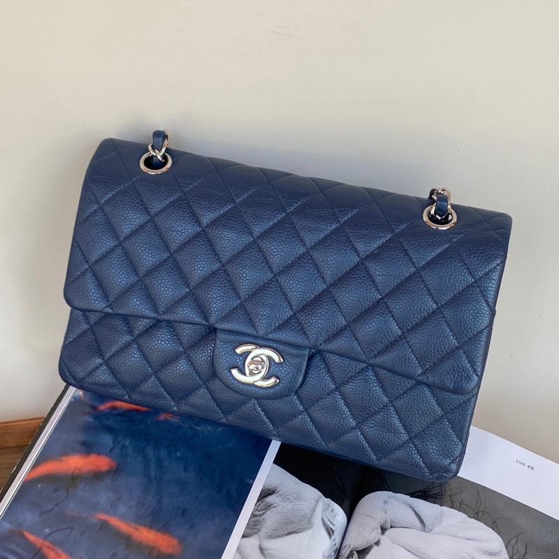 Chanel • Cf 25 經典荔枝牛皮深海藍銀釦口蓋包-2