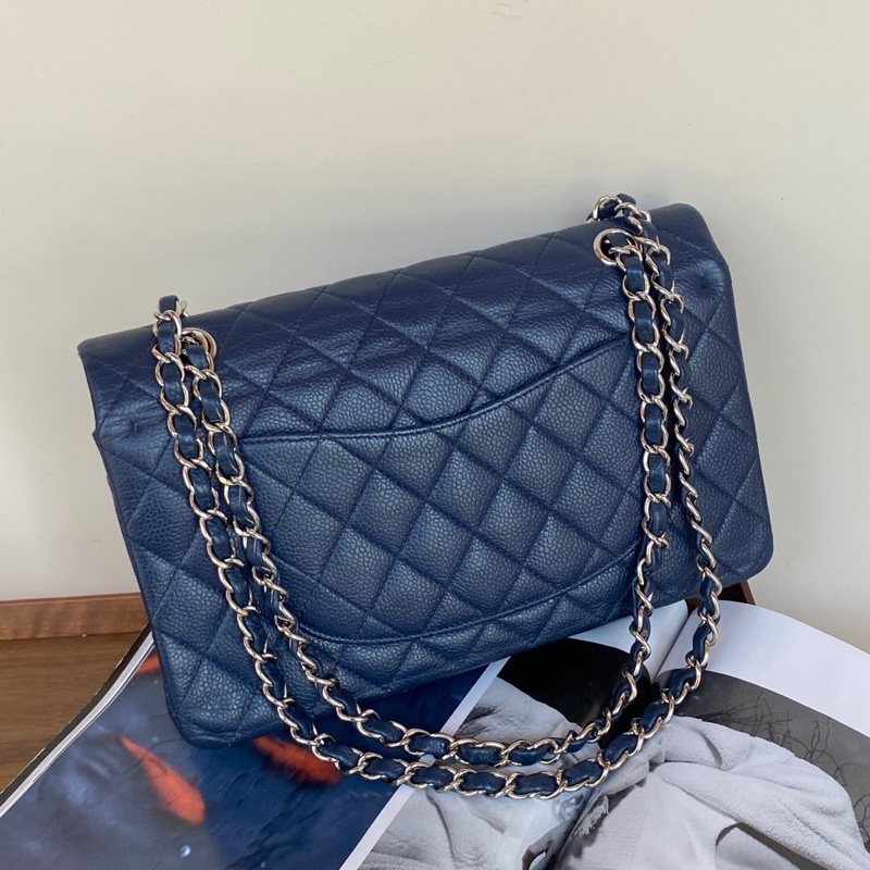 Chanel • Cf 25 經典荔枝牛皮深海藍銀釦口蓋包-3