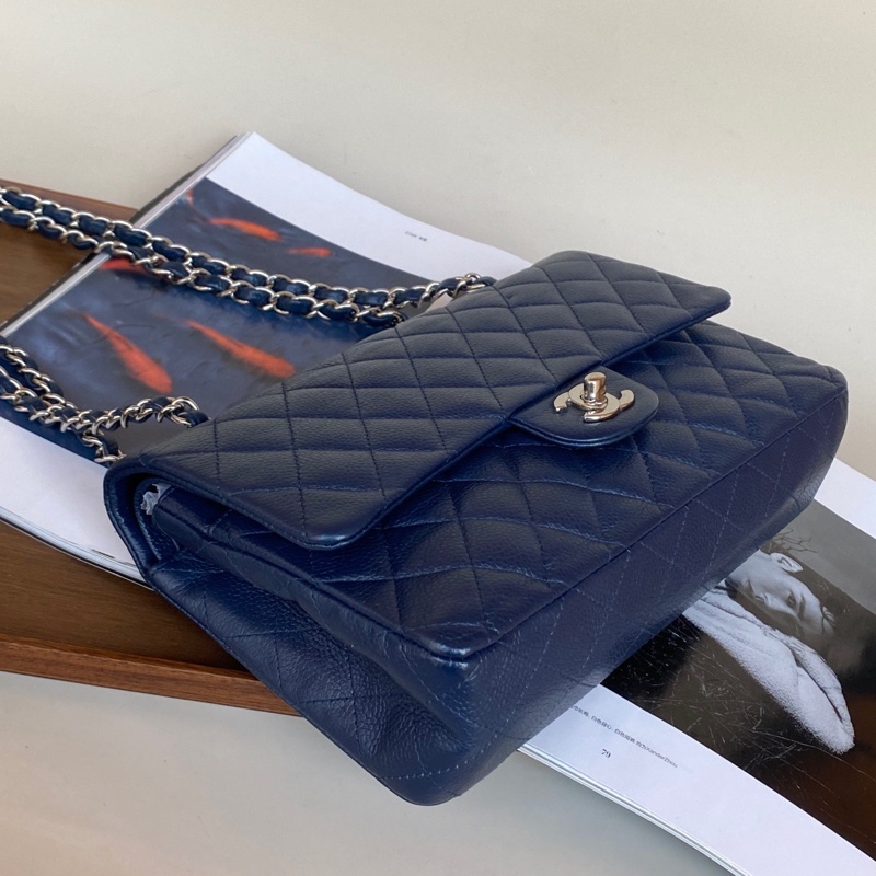 Chanel • Cf 25 經典荔枝牛皮深海藍銀釦口蓋包-4