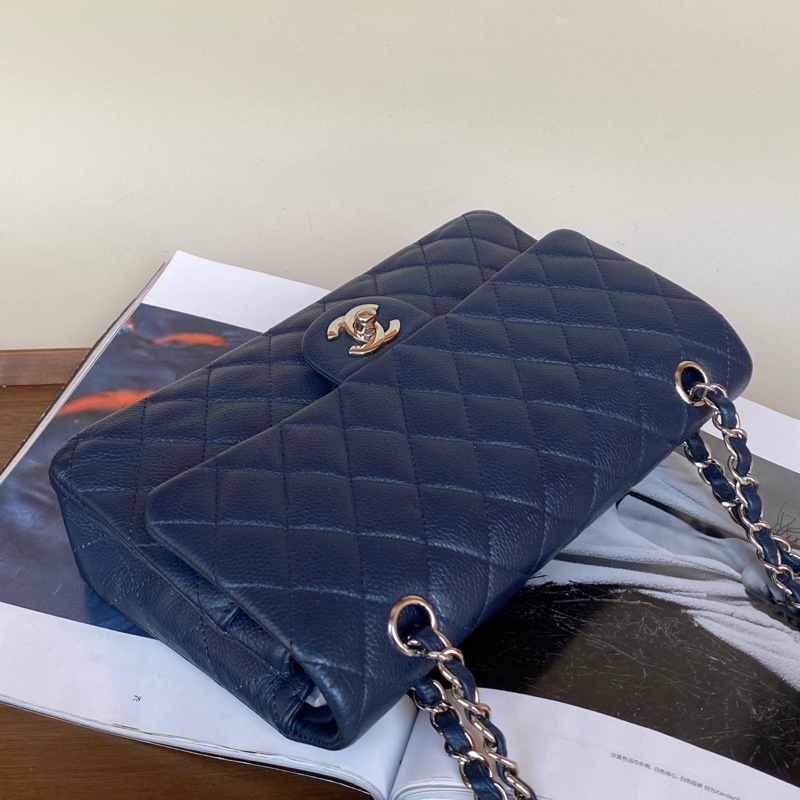 Chanel • Cf 25 經典荔枝牛皮深海藍銀釦口蓋包-5