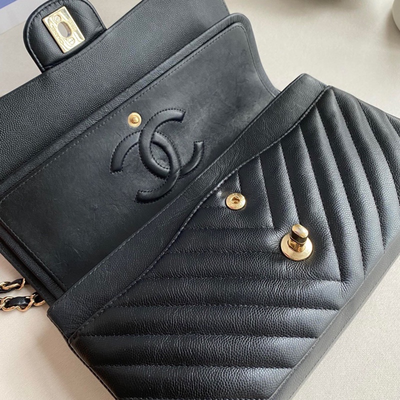 Chanel • Cf 25 經典山形紋黑金荔枝牛皮口蓋包-3