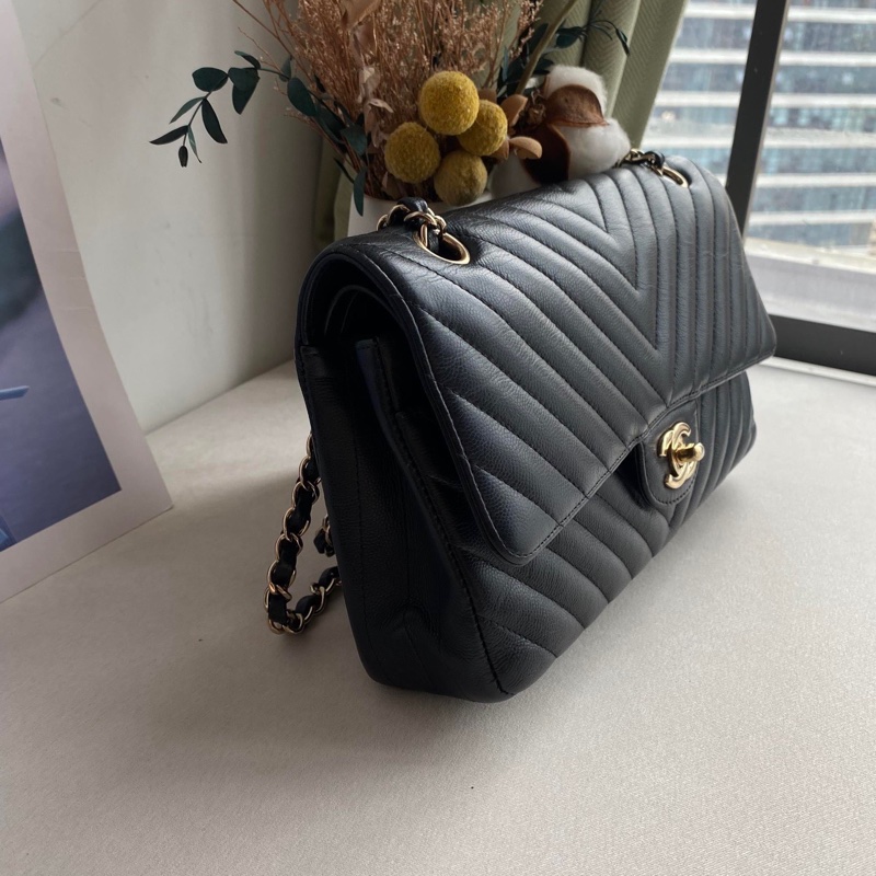 Chanel • Cf 25 經典山形紋黑金荔枝牛皮口蓋包-4