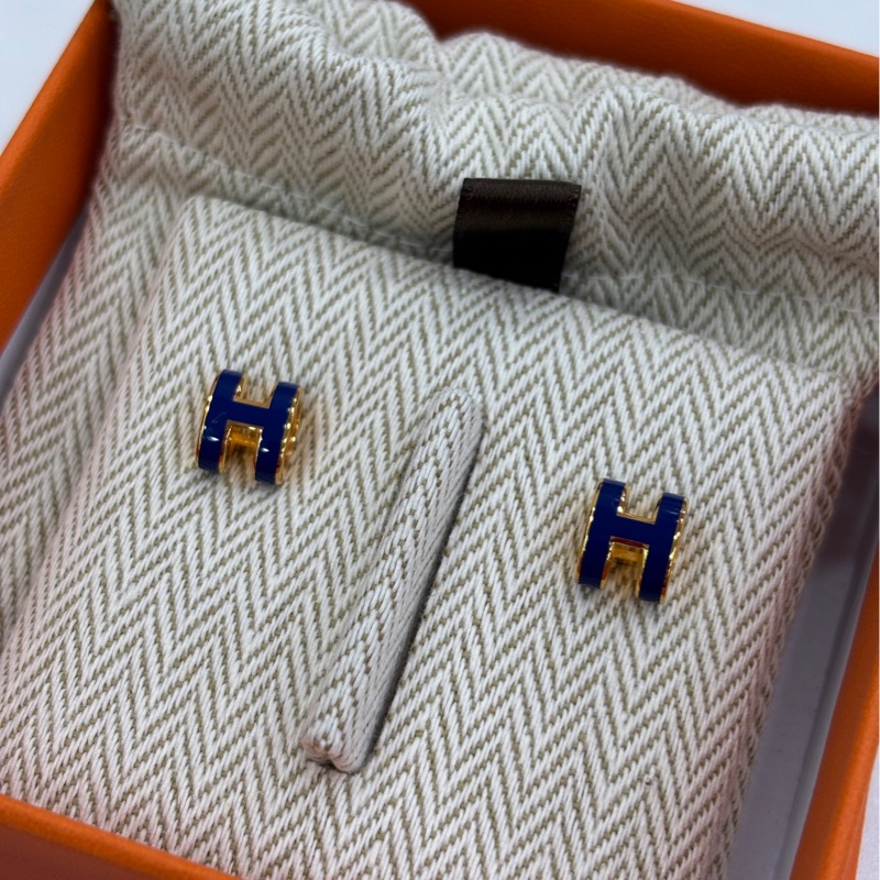 Hermes Pop H Mini 琺瑯深藍色玫瑰金耳環 耳釘 耳飾 23年閒置未使用-1