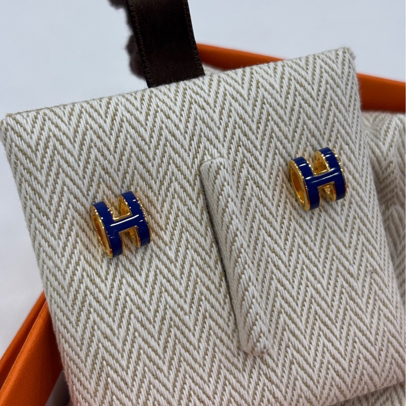 Hermes Pop H Mini 琺瑯深藍色玫瑰金耳環 耳釘 耳飾 23年閒置未使用-2