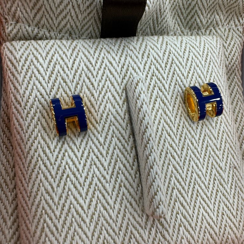 Hermes Pop H Mini 琺瑯深藍色玫瑰金耳環 耳釘 耳飾 23年閒置未使用-3