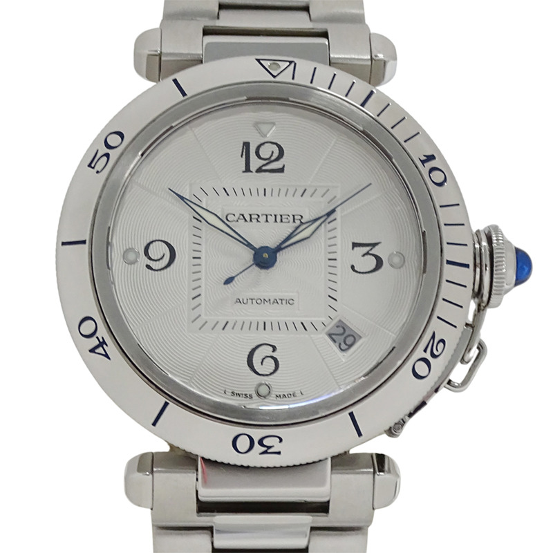 卡地亞 Pasha Grid Date 自動男士腕錶,不鏽鋼 (SS) W31040H3,銀色,透底錶背,拋光。-1