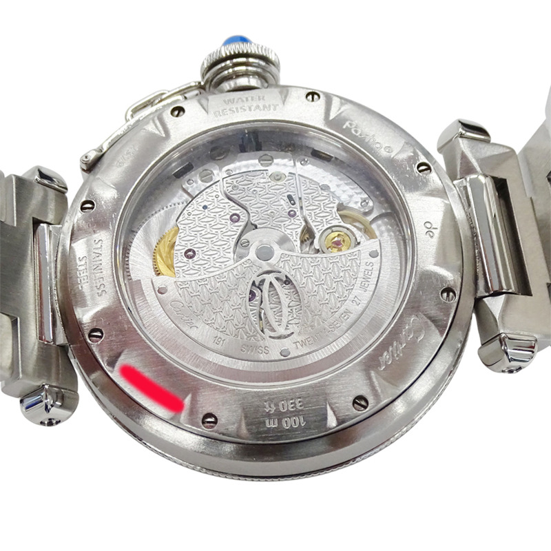 卡地亞 Pasha Grid Date 自動男士腕錶,不鏽鋼 (SS) W31040H3,銀色,透底錶背,拋光。-6