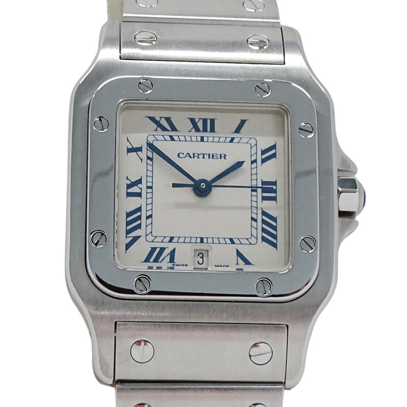 卡地亞男士腕錶，Santos Galbee LM，日期顯示，石英機芯，不鏽鋼（SS），W20018D6，銀色/象牙色，拋光。-1