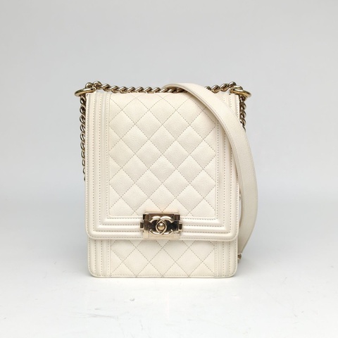 CHANEL Leboy豎版白色荔枝牛皮29開金扣