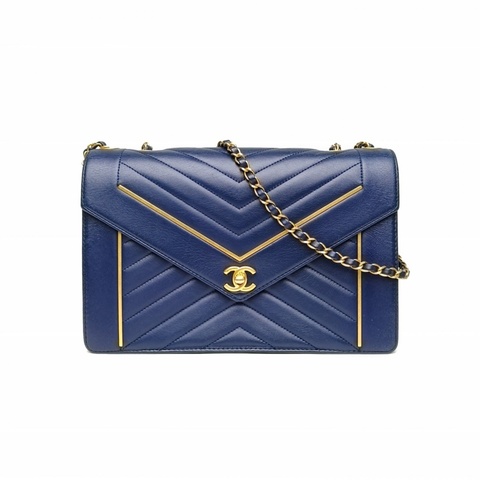 CHANEL 藍色牛皮24開金扣信封包單肩包