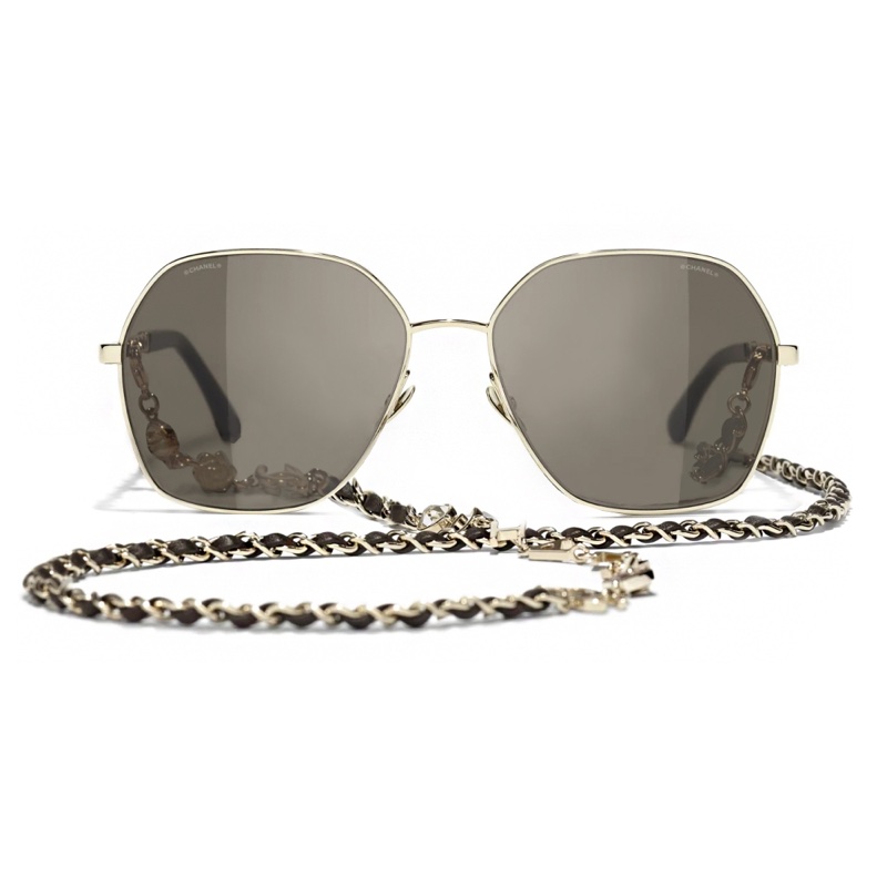 【CHANEL香奈兒 】A71447經典編織皮穿鍊金框太陽眼鏡(茶色) +眼鏡鏈-0