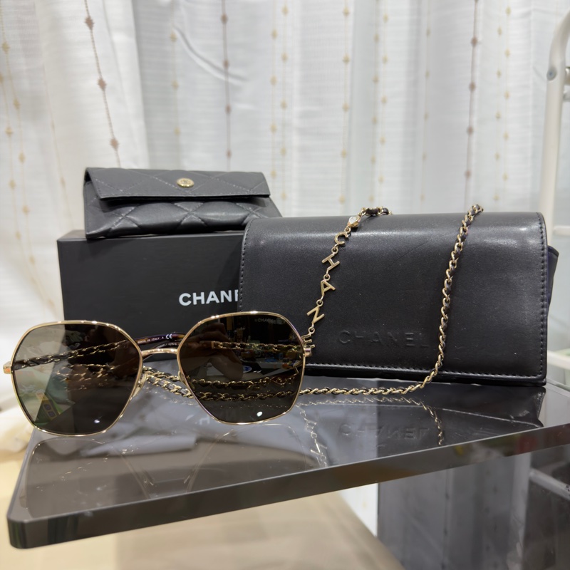【CHANEL香奈兒 】A71447經典編織皮穿鍊金框太陽眼鏡(茶色) +眼鏡鏈-2
