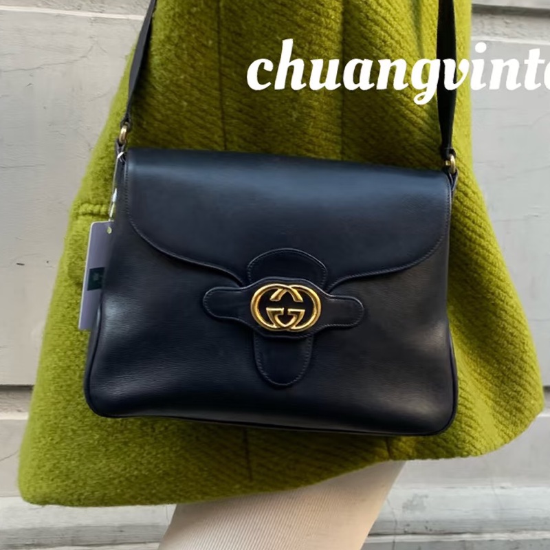 全網最低價🥹Gucci古馳黑金全皮雙G扣郵差包單肩斜挎包-2