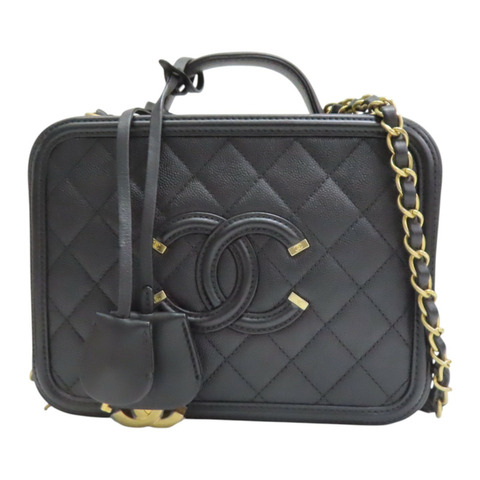 黑色 格紋 荔枝牛皮 CC Filigree Vanity Case 化妝包 兩用包【CHANEL 香奈兒】 A93343