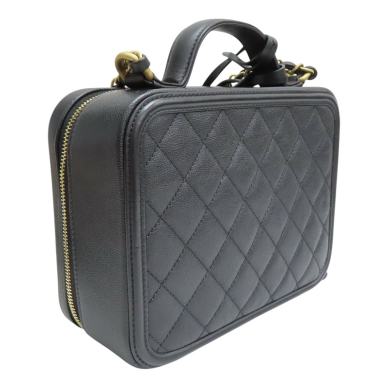 黑色 格紋 荔枝牛皮 CC Filigree Vanity Case 化妝包 兩用包【CHANEL 香奈兒】 A93343-1