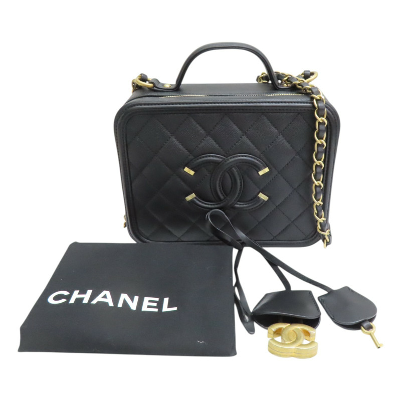 黑色 格紋 荔枝牛皮 CC Filigree Vanity Case 化妝包 兩用包【CHANEL 香奈兒】 A93343-8