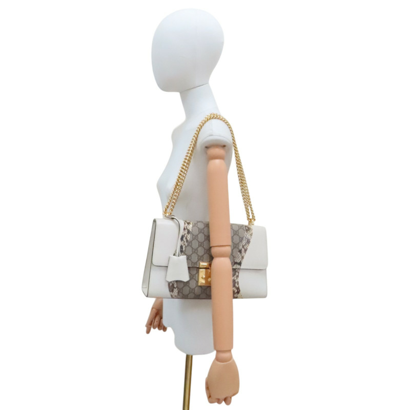 白色 GG Supreme帆布 蛇皮 Padlock 肩背包【GUCCI 古馳】 432679-9