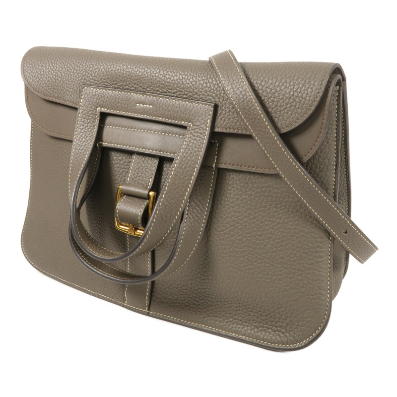 HERMES Clemence皮革Halzan 31金扣手挽肩背兩用袋Etain-1