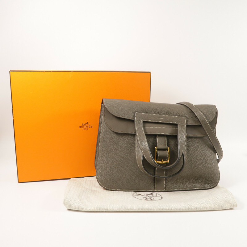 HERMES Clemence皮革Halzan 31金扣手挽肩背兩用袋Etain-10