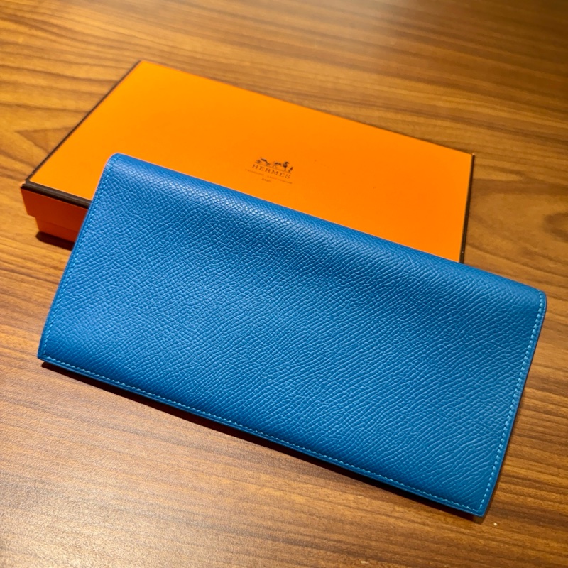 【近新閒置品】Hermes愛馬仕長款錢包 藍色Epsom牛皮長夾證件票卡夾 附原裝盒-0
