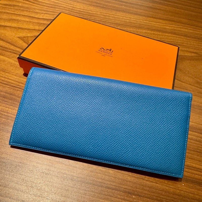 【近新閒置品】Hermes愛馬仕長款錢包 藍色Epsom牛皮長夾證件票卡夾 附原裝盒-1