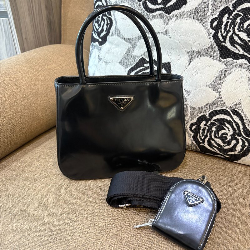 *SHIHNA名牌精品* PRADA 三角標誌亮面皮革二合一手提包-0
