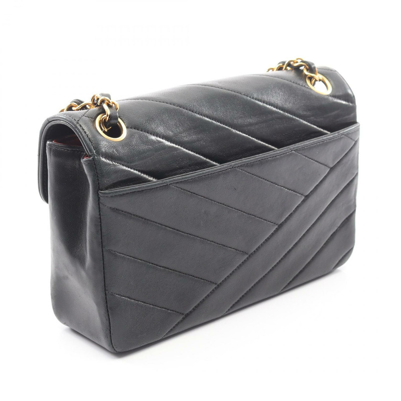 香奈兒斜紋縫線鏈條單肩背包，羊皮材質，黑色，金色五金，二手，女士CC-1