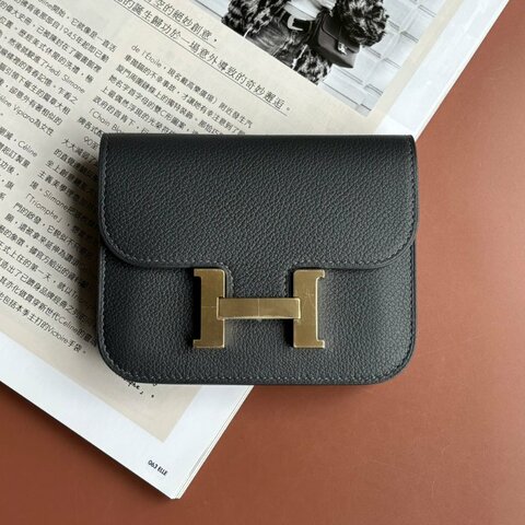::HERMES:: W刻灰色金釦Mini Constance康康短夾 腰包