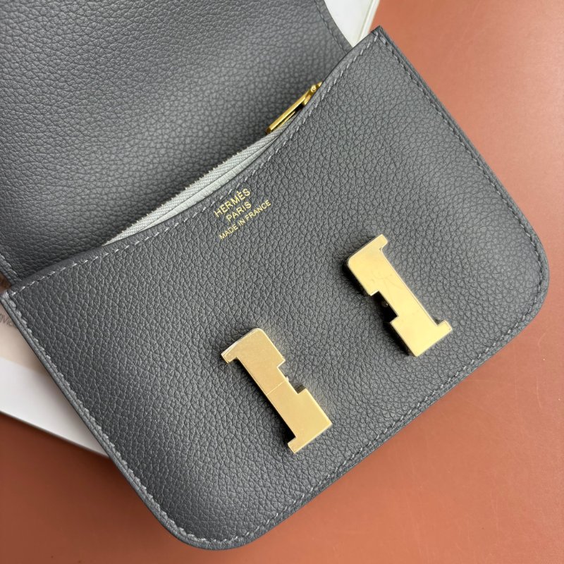 ::HERMES:: W刻灰色金釦Mini Constance康康短夾 腰包-3