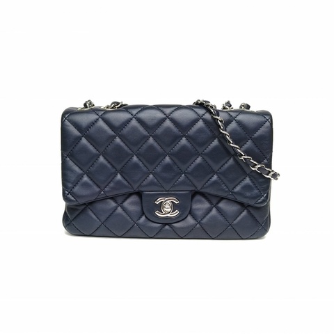 CHANEL 墨藍色羊皮19開銀扣香奈兒口蓋包CF季節款單蓋