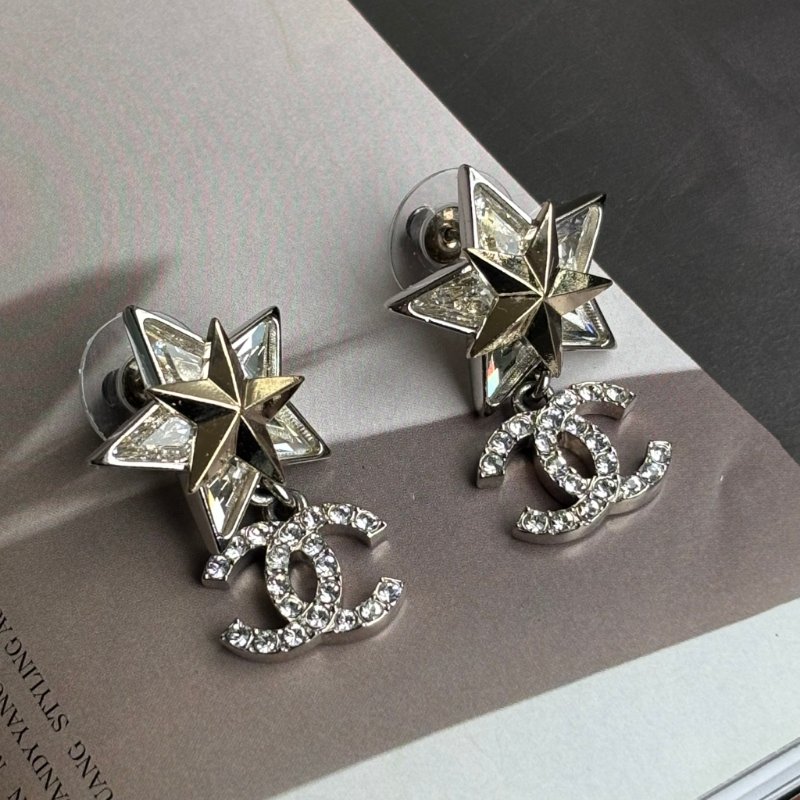 ::CHANEL:: ABA907 幸運之星 帶鑽雙C耳環 Crystal CC Star Drop Earrings Silver Gold-1